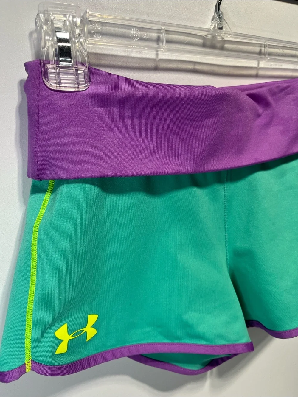 Under Armour Girl's Medium Teal Shorts + Purple Foldover Waist Yellow Logo